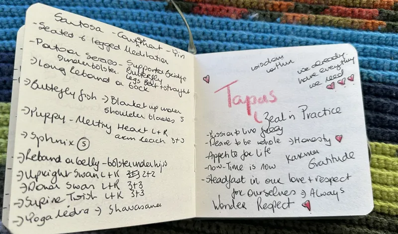 An open page from Jane’s handmade journal: a Santosa flow and the Tapas page