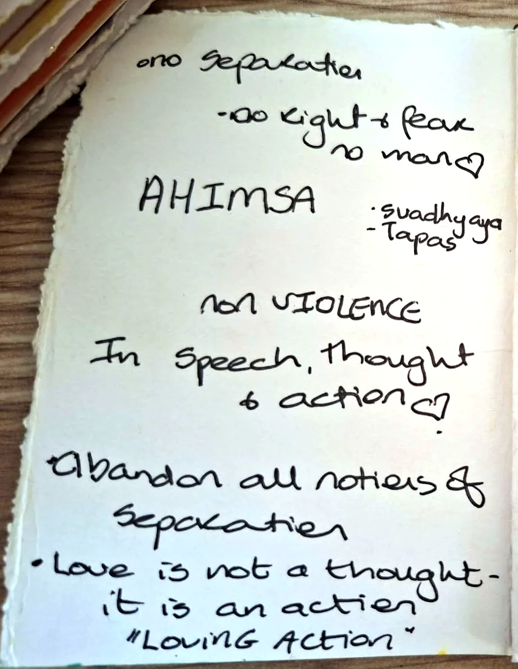 Jane’s handwritten Ahimsa page: nonviolence in speech, thought and action