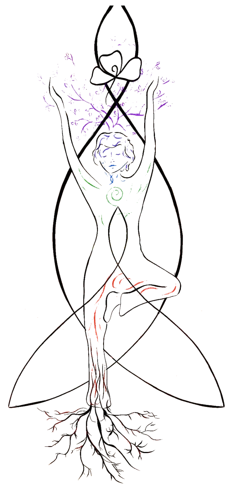 Jane’s line drawing of a figure in tree pose, rooted, arms raised
