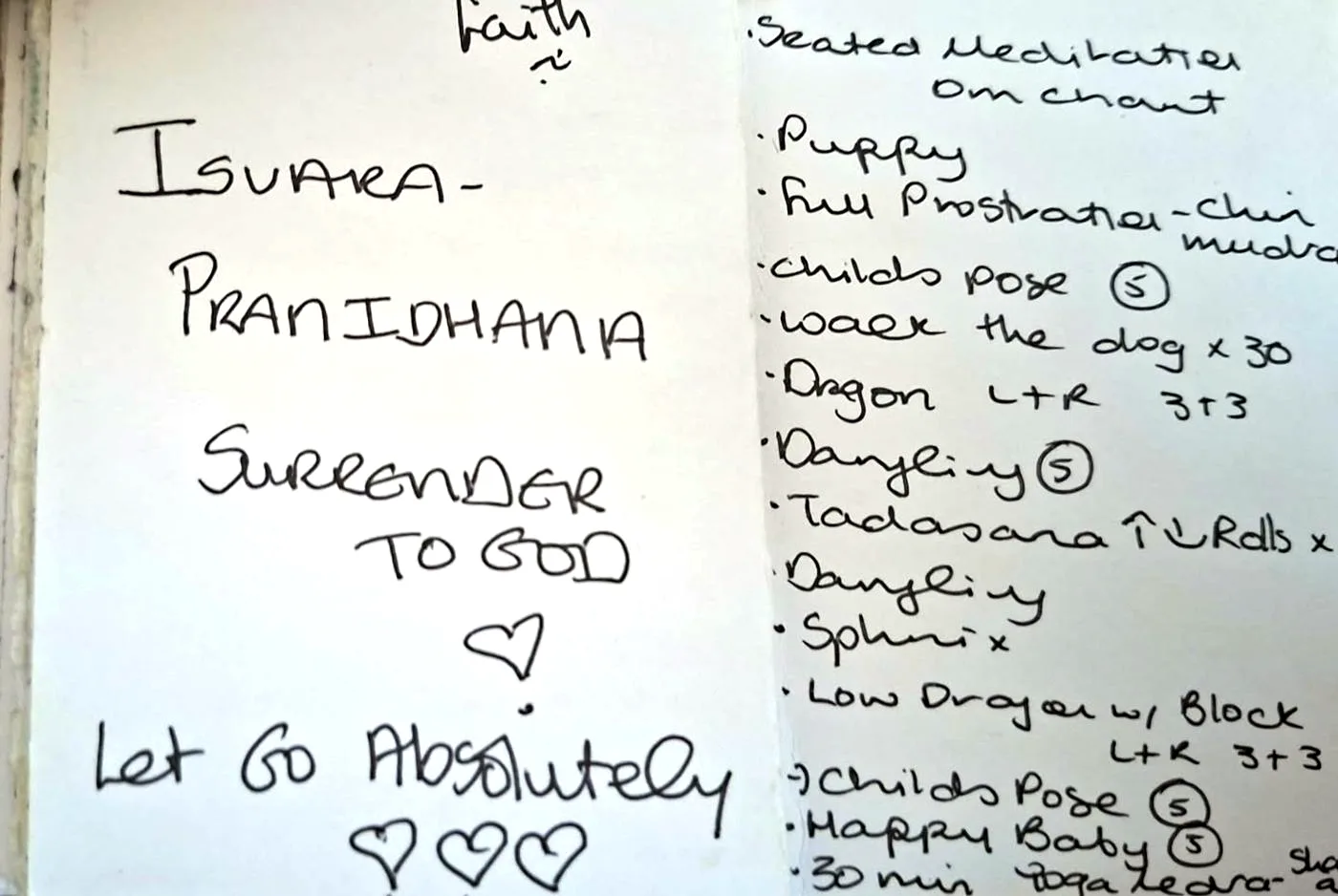 Jane’s handwritten Isvara pranidhana card, with its flow